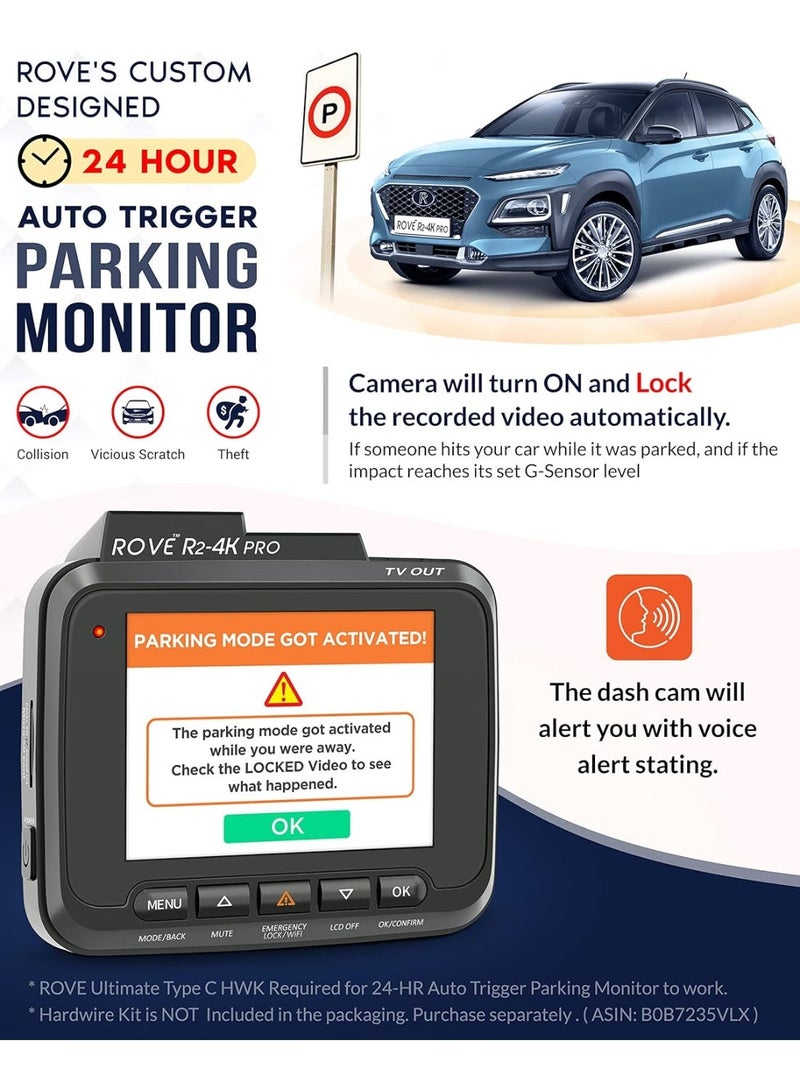 ROVE R2-4K PRO Dash Cam, Built-in GPS, 5G Wi-Fi Dash Camera for Cars, 2160P UHD 30fps Dashcam with APP, 2.4" IPS Screen, Night Vision, WDR, 150° Wide Angle, 24-Hr Parking Mode, Supports 512GB Max - Image 4